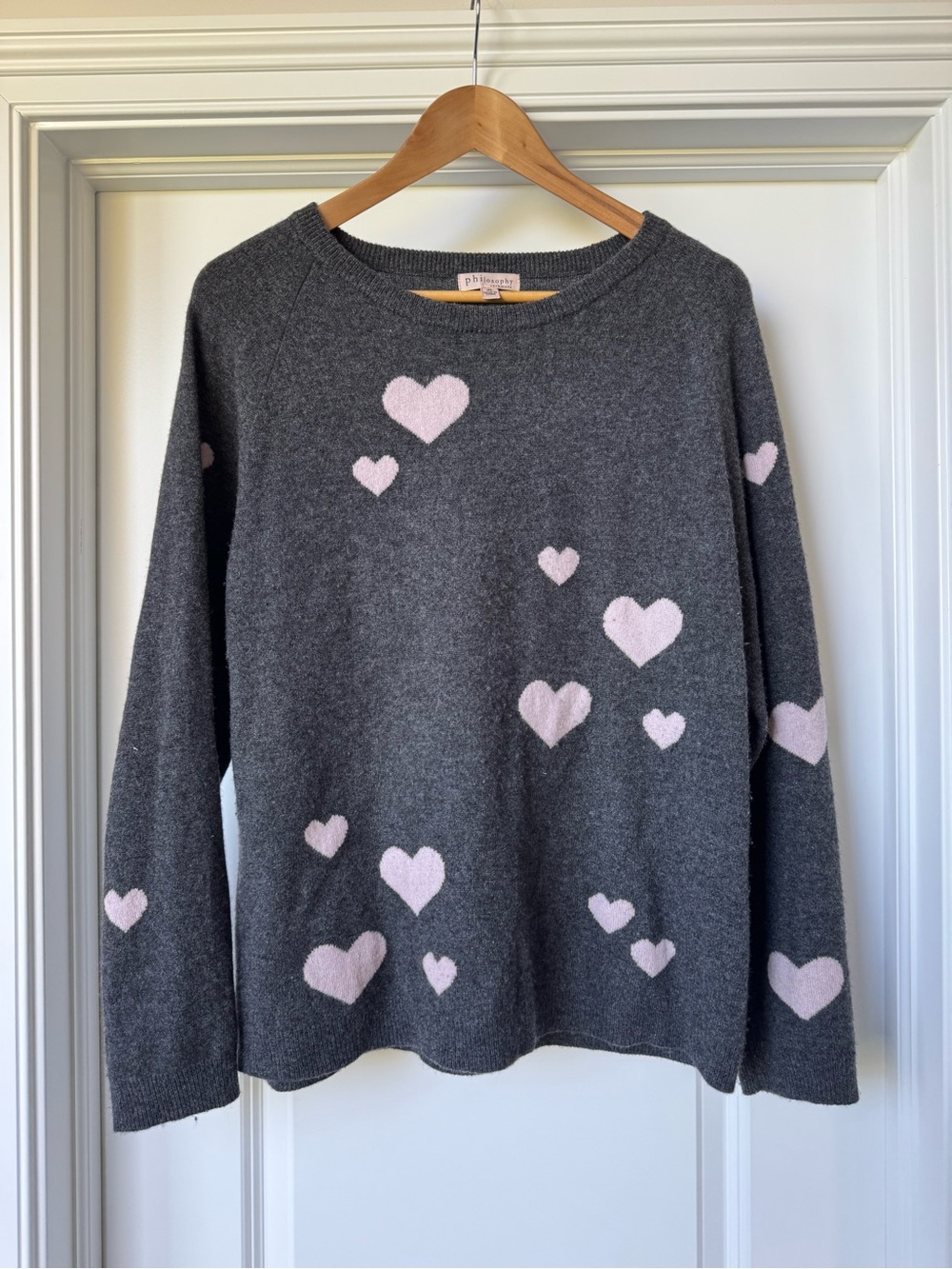Philosophy 100% Cashmere Pink Heart Sweater Gray XL